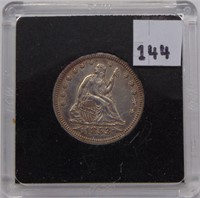 1853 Seated Quarter, AU58, Rays and Arrows