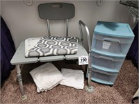 Shower chair, mat, towels & plastic storage