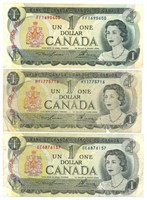 3 Canadian 1 Dollar Bills with Young Queen