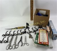 Scissors, metal clamps, cast iron handles and