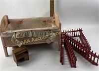Vintage doll bed (worn), red toy folding ladder,