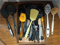 Flat of assorted kitchen utensils