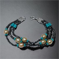 Pearl, Turquoise, & Hematite 7.75" Bracelet