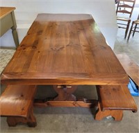 PINE FARM TABLE AND BENCHES WITH PULL OUT LEAVES