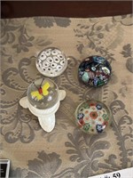Four Petite Paperweights including Millefiori, But