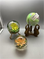 Three Art Glass Paperweights including Floral and