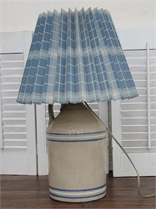 Blue banded jug lamp with shade