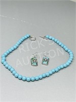 Turquoise bead necklace & earrings w/ silver