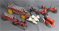 Vintage Cast Iron Fireman Horse Drawn Wagon Toys
