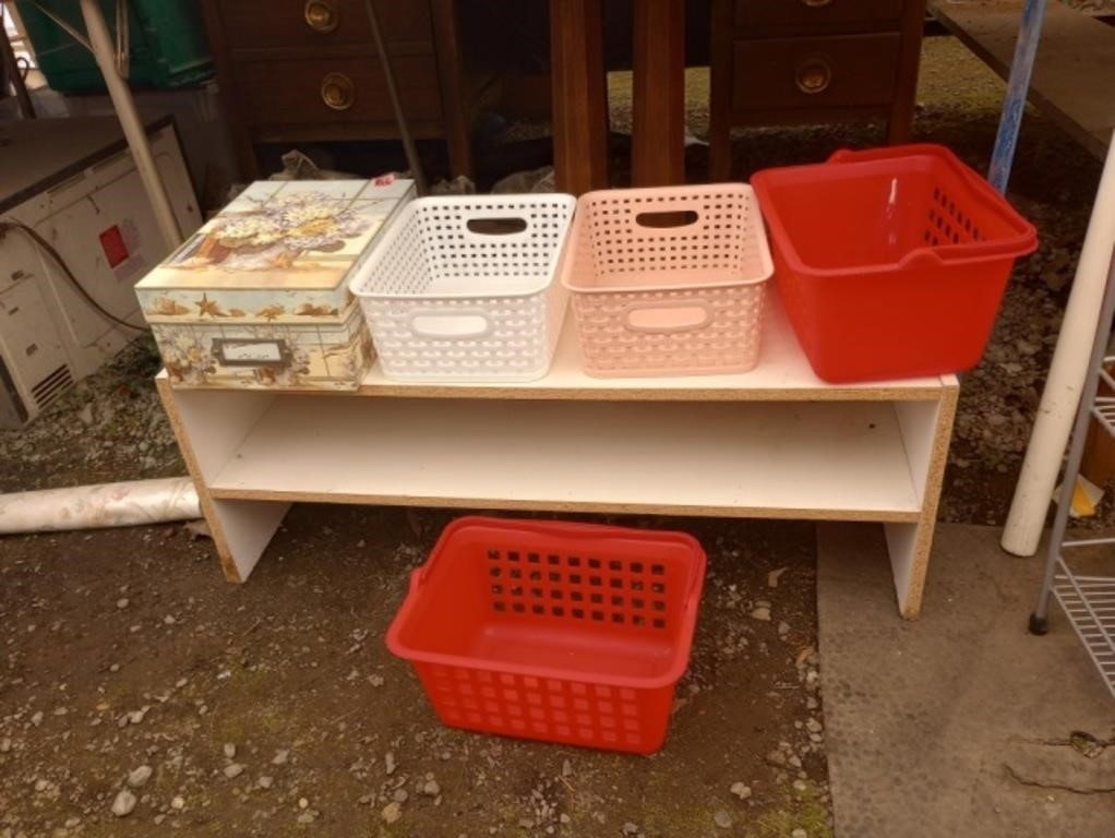 Wooden Display Shelf & 5 Storage Tubs