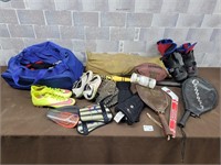 Ball glove, raquets, balls, raft, sports items