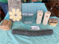 Wooden crafts, chicken wire and sign
