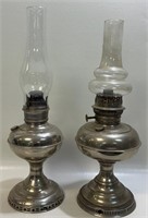 TWO GREAT ANTIQUE KEROSENE LAMPS W CHIMNEYS