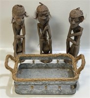 THREE WOOD CARVED FIGURALS AND TIN TRAY