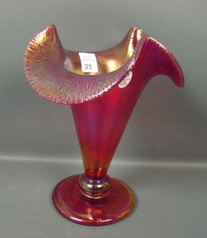 Fenton Red Stretch # 573 Tri-Cornered Ftd Vase