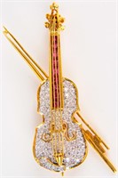 Jewelry 18kt Yellow Gold Diamond Violin Brooch