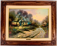 Art Kinkade Teacup Cottage Litho on Canvas COA