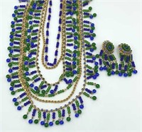 Blue Green Glass Bead Rhinestone Necklace Earrings