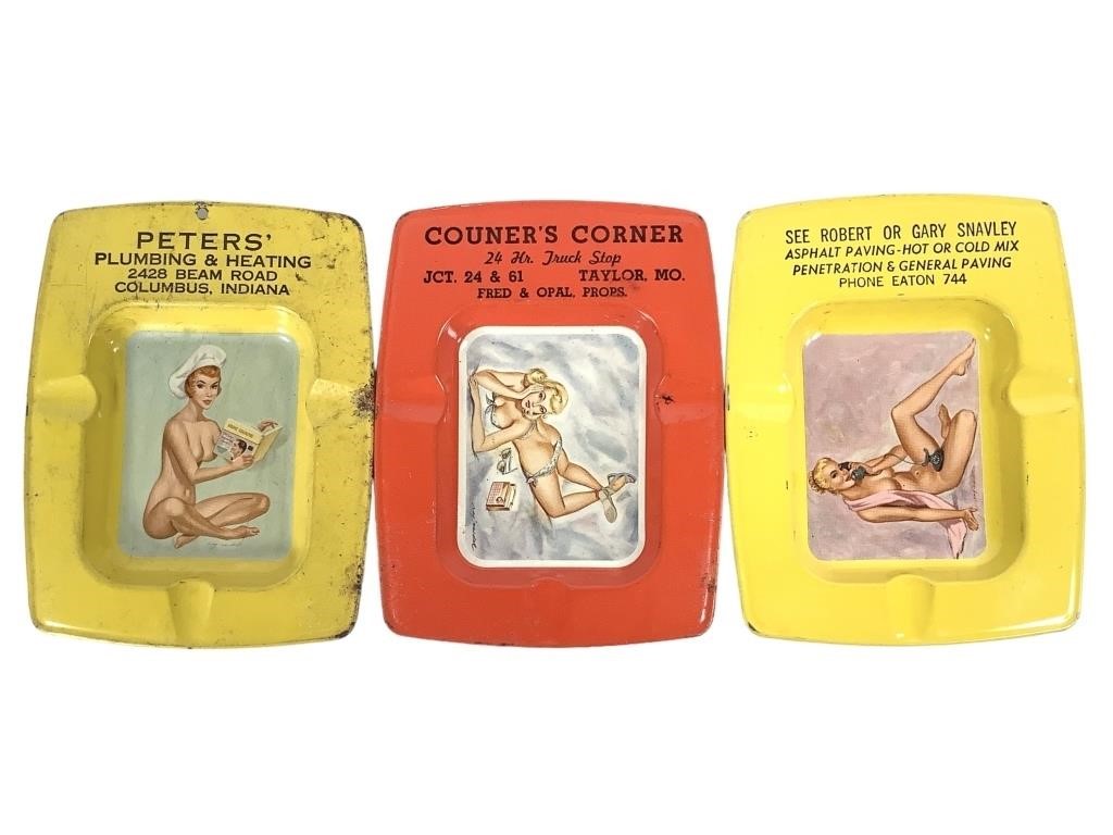 3 Tin Advertising Ashtrays w Pin-Ups