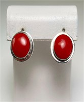 Vintage Large Sterling (Mexico) Coral Earrings 10G