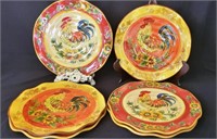 6 Maxcera Orange/Red Rooster Dinner Plates