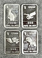 (4) Four, 1 Gram .999 Fine Silver Bars With