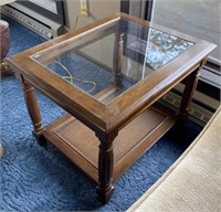 Glass Top Two Tier Caned Side Table