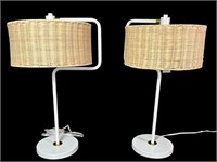 PAIR OF WHITE METAL LAMPS WITH WICKER SHADES