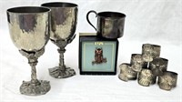 10pc. Vtg. Pewter & Silver Plate- Goblets-Napkin++