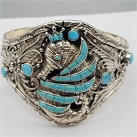 STERLING SILVER SEAHORSE TURQUOISE CUFF BRACELET