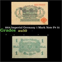 1914 Imperial Germany 1 Mark Note P# 51 Grades AU,