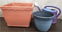 2 Plastic Planters & Watering Can. Brown Pot;