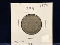 1870 Canadian Silver 25 Cent Piece VG10