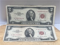 TWO 1953 Red Seal $2 Dollar Bills United States