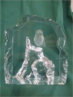 Signed - OWL etched glass sculpture 6 1/4"
