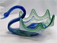 Sooner Art Glass Blue & Green Swan Bowl