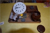 Box lot to include Jar of Coins; Box & Tins of
