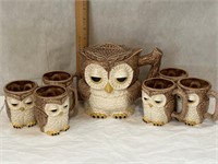 Vintage Owl  Pitcher W. 6 Cups