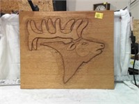 ELK CARVING ON SLAB OF WOOD 26"x 22"