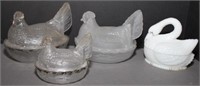 2 large clear glass hens on nests, 1 medium