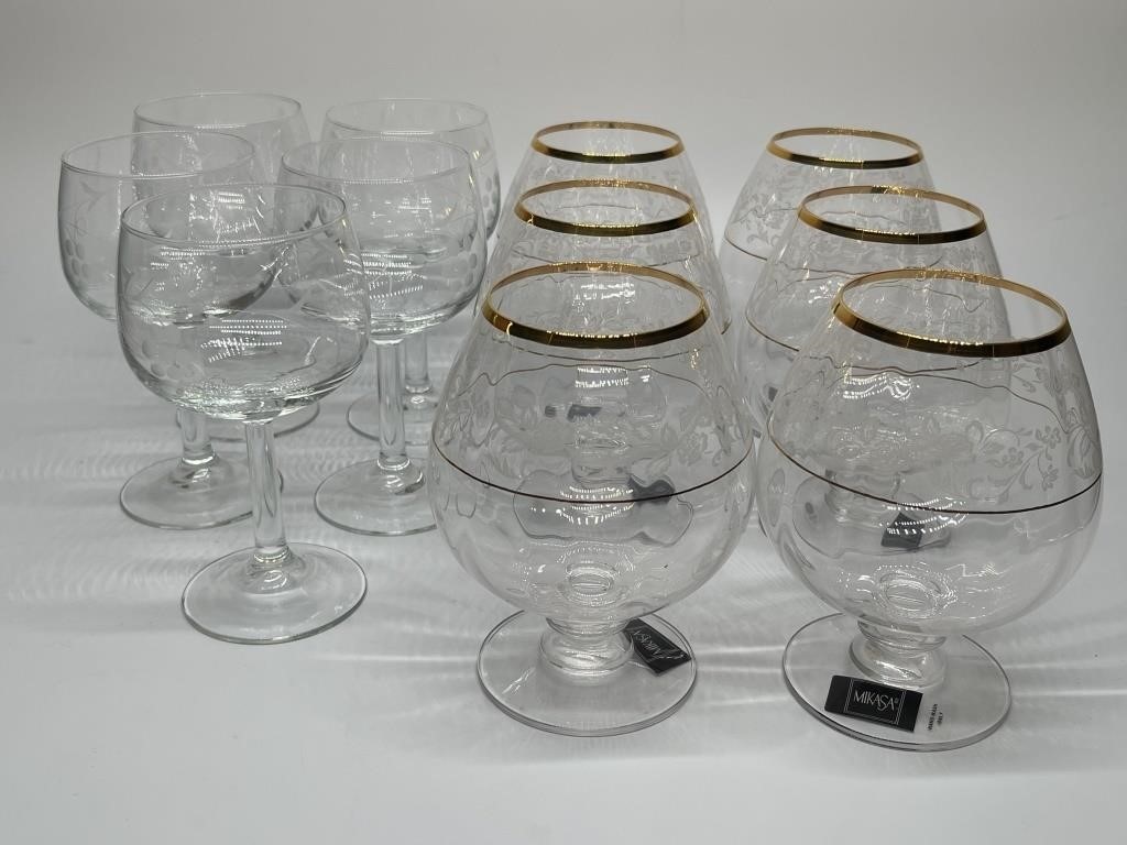 6- Mikasa Brandy Snifters w/ Gold Trim & 5- Wine