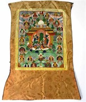Old Painted Thangka in a Silk Banner, As Is.