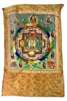 Old Painted Thangka in a Silk Banner, As Is.