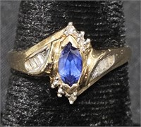 10K Sapphire Ring w 8 Baguette Diamonds Sz 7