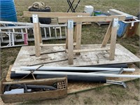 Wooden Table,Saw Horses, Misc Pipe &