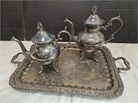 Silver over Copper Tea Pots & Serving Tray