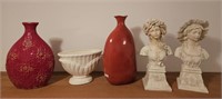 2 Vases, 1 white Planter and 2 busts (top shelf