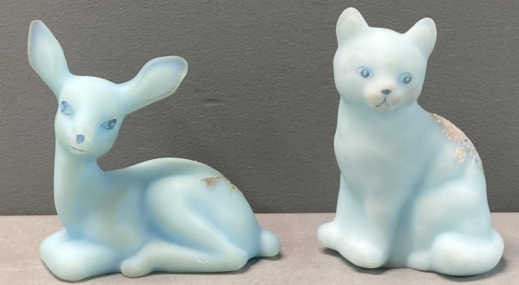 Fenton Glass Deer & Cat Paperweights; Signed