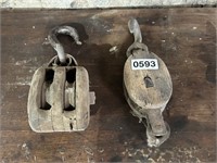 (2) ANTIQUE WOOD BLOCK PULLEYS