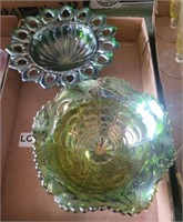 (2) Green Carnival Glass Style Candy Dishes